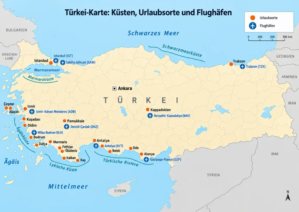 Tuerkei Karte Urlaubsorte Regionen Flughaefen Und Kuesten 2026 - Türkei Life